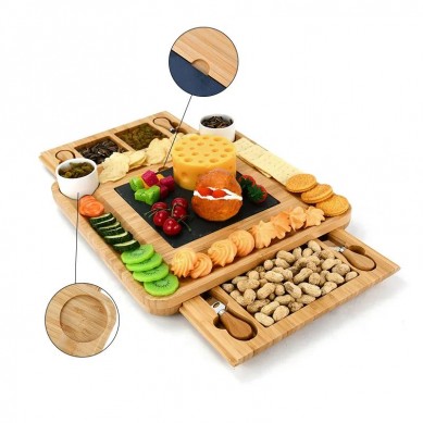 Premium Charcuterie Board Organic Wood Serving Tray Bamboo Cheese Board with Slate and Ceramic Bowls for Birthday Gift