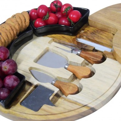 High Quality Acacia Wood Round Cheese Board and Knives Set with Ceramic Bowls, Knife Spreaders, Slates, Chalk