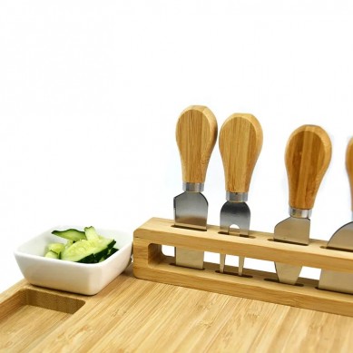 Bamboo Cheese Board Food Platter With 4 Stainless Steel Knives and 1 Ceramic Bowl