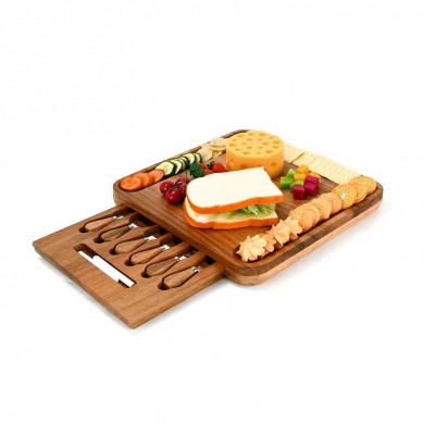 Natural Bamboo Wood Charcuterie Board Set Serving Platter with 4 Stainless Steel Cheese Knives and Server