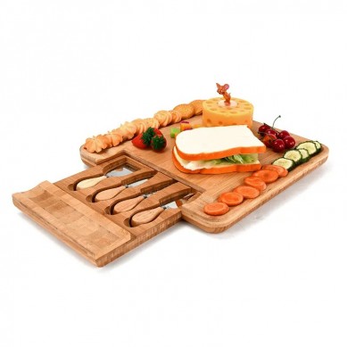 Large Bamboo Cheese Cutting Board Set and Knife Set With Hidden Slide Drawers