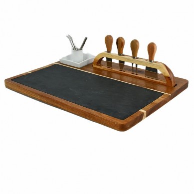 Acacia Wood Cheese Charcuterie Cutting Board With Knife Set Holder Rack Slate Ceramic Cutlery Tray Forks