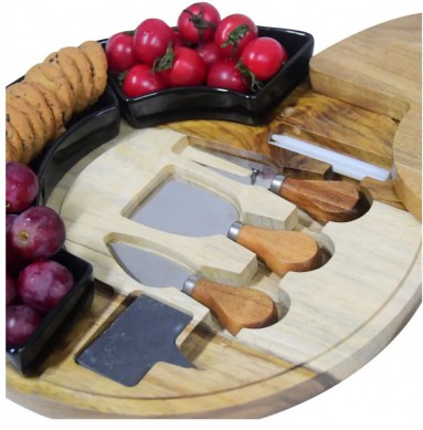 Round Cheese Board and Knives Set, Acacia Wood & Appetizer Serving Tray with Ceramic Bowls