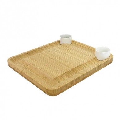 Bamboo Cheese Board With Cutlery Server Set, Platter Tray With 2 Ceramic Bowls & 3 Slate Labels & 2 Chalk Markers