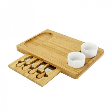 Large Wood Cheese Platter Gift Charcuterie Board Set Unique Bamboo Cheese Board with Cutlery Set and Ceramic Bowls