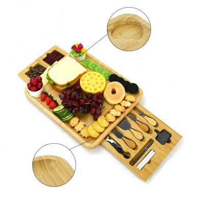 Cheese Cutting Board Charcuterie Platter Serving Tray with 2 Magnetic Hidden Slide Drawer for Wine, Crackers, Brie and Meat