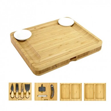 Large Bamboo Cheese Cutting Board And Knife Set: 16 x 13 x 2 Inch Wood Charcuterie Platter For Wine, Cheese, Meat
