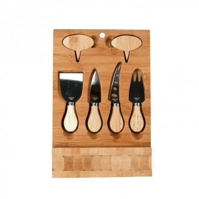 Exquisite New Design Eco-Friendly Bamboo Wooden Cheese Board with Cutlery Set and Grooves Slate