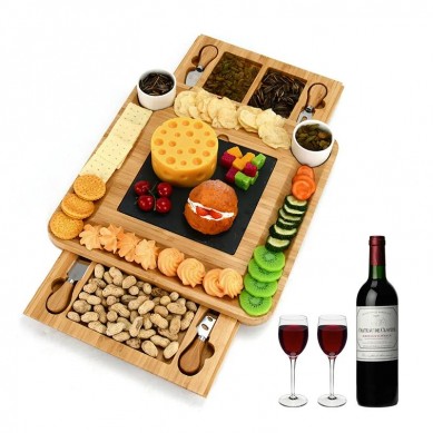 Premium Charcuterie Board Organic Wood Serving Tray Bamboo Cheese Board with Slate and Ceramic Bowls for Birthday Gift