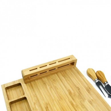 Bamboo Cheese Board Food Platter With 4 Stainless Steel Knives and 1 Ceramic Bowl