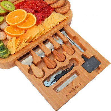 Magnetic 3 Drawers Bamboo Charcuterie Cheese Cutting Board and Cutlery Knife Set Gift for Wedding Registry,Housewarming