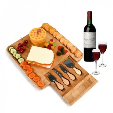 Bamboo Wood Cheese Cutting Board with Cutlery Set with 4 Knives Tools Slide-out Utensils Drawer