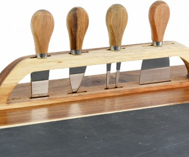 Acacia Wood Cheese Charcuterie Cutting Board With Knife Set Holder Rack Slate Ceramic Cutlery Tray Forks