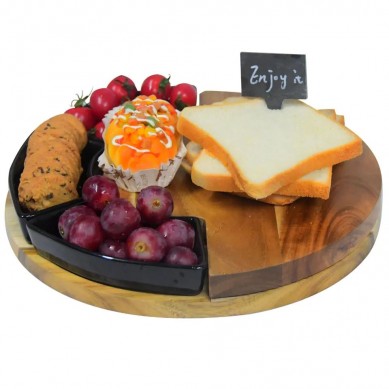 Round Cheese Board and Knives Set, Acacia Wood & Appetizer Serving Tray with Ceramic Bowls