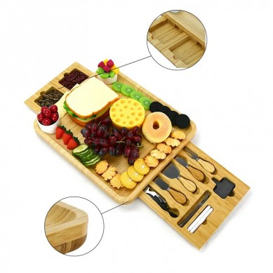 Cheese Cutting Board Charcuterie Platter Serving Tray with 2 Magnetic Hidden Slide Drawer for Wine, Crackers, Brie and Meat