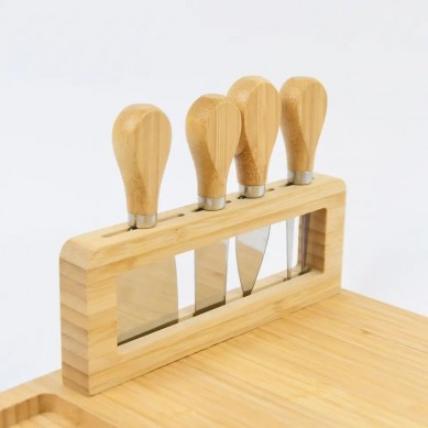 Large Bamboo Cheese Board and Knife Set Custom Wholesale Cheese Cutting Board with Cutlery Holder