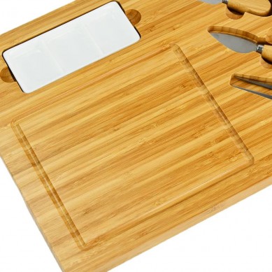 Hot Selling Food Grade Epoxy Bamboo Wooden Charcuterie Cheese Platter Board Knife Set With Wine Opener Sauce Dish