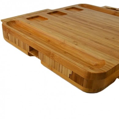 Unique Extra Large Bamboo Wooden Cheese Board Knife Set Charcuterie Platter & Serving Tray with 4 Slide-Out Drawers