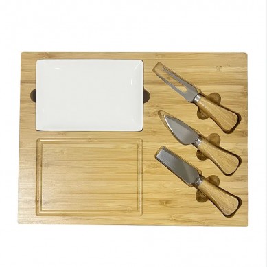 Bamboo Cheese Board with Cheese Tools, Cheese Plate Charcuterie Platter with Utensils Set and 4 Stainless Steel Cutting Knives
