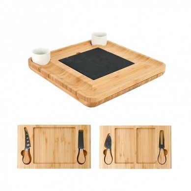 New Design 2022 Bamboo Charcuterie Platter Set Slate Cheese Board and Knife Set& Ceramic Cup Fancy House Warming Gift