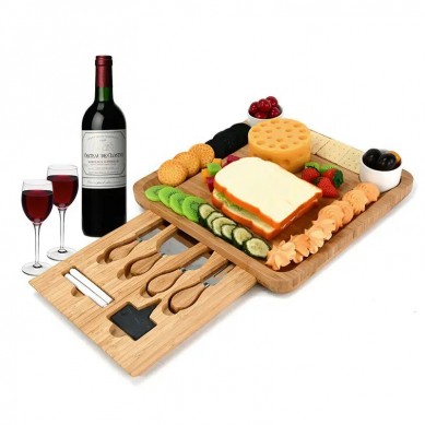 Exquisite Bamboo Cheese Board Charcuterie Set with Slide-Out Drawers Cutlery for Meat and Wine