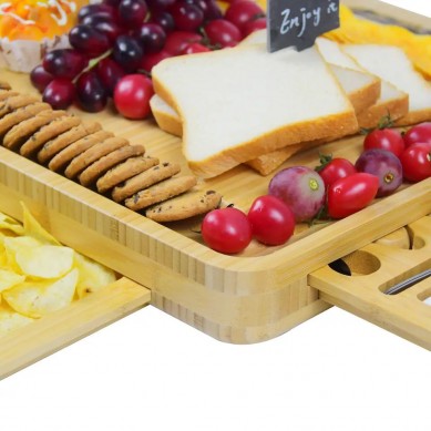 Hot Sale Charcuterie Serving Tray Natural Bamboo Wood 4 Magnetic Slide-Out Drawers Cheese Cutting Board with Knife Set