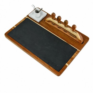 Acacia Wood Cheese Charcuterie Cutting Board With Knife Set Holder Rack Slate Ceramic Cutlery Tray Forks