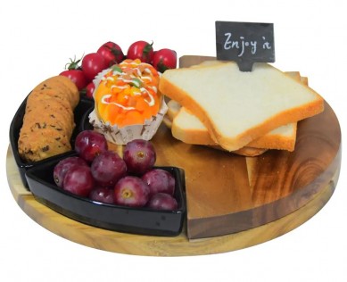 Round Cheese Board and Knives Set, Acacia Wood & Appetizer Serving Tray with Ceramic Bowls
