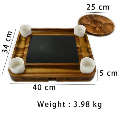 New Design High-Grade Acacia Wood Cheese Board Set With Rubber Feet Round 5 Section Fruit Tray Magnetic Slide-Out Drawers