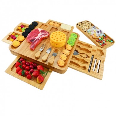 Unique Extra Large Bamboo Wooden Cheese Board Knife Set Charcuterie Platter & Serving Tray with 4 Slide-Out Drawers