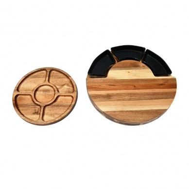 Smirly Round Bamboo Wood Cheese Boards Charcuterie Boards And 3 Black Ceramic Bowls For Kitchen