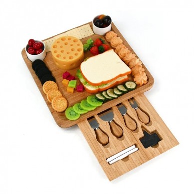 Exquisite Bamboo Cheese Board Charcuterie Set with Slide-Out Drawers Cutlery for Meat and Wine