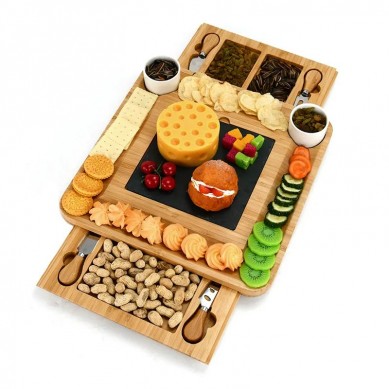 Premium Charcuterie Board Organic Wood Serving Tray Bamboo Cheese Board with Slate and Ceramic Bowls for Birthday Gift