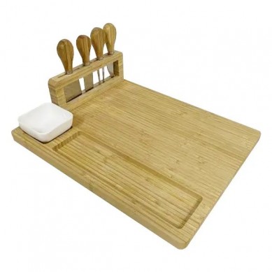 Bamboo Cheese Board Food Platter With 4 Stainless Steel Knives and 1 Ceramic Bowl