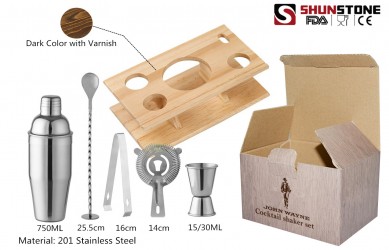Factory Direct 750ml coated stainless steel bar tools boston bartender cocktail shaker bar tools set with bamboo wood stand