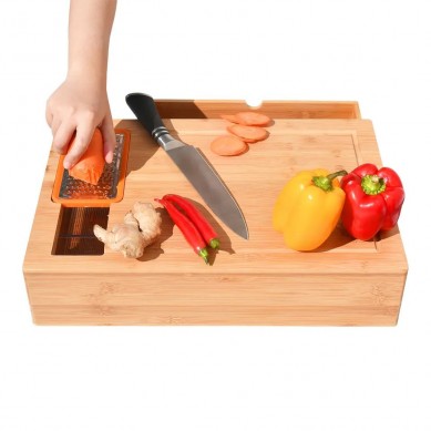 Wooden Cutting Board With Containers And Locking Lid Includes Built-In Grater For Food Storage Transport And Cleanup