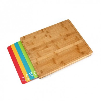 Easy to Clean Bamboo Wood Cutting Board with set of 6 Color Coded Flexible Cutting Mats with Food Icons Chopping Board Set