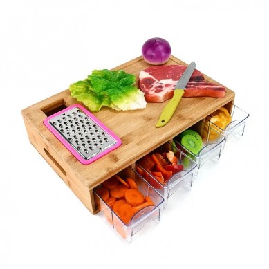 All In One Mandalin Bamboo Storage Chopping Cutting Tidy Board With 4 Containers Drip Tray And Vegetable Grater Drawer Slicer
