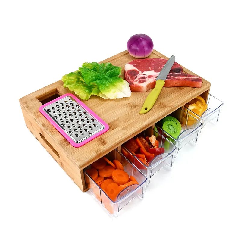 Factory directly Personalized Shot Glass - All In One Mandalin Bamboo Storage Chopping Cutting Tidy Board With 4 Containers Drip Tray And Vegetable Grater Drawer Slicer – Shunstone