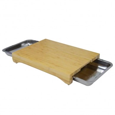 Bamboo Cutting Chopping Board with Two Piece Stainless Steel Tray and Non-Slip Feet