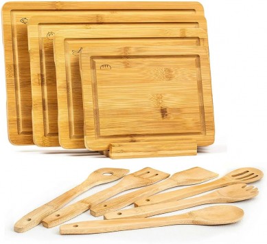 2023 Hot Sell Bamboo Wood Cutting Board Set With Holder Utensil For Kitchen