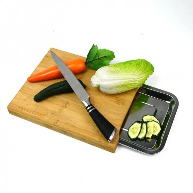 Bamboo Wood Cutting Board Kitchen Chopping Serving Board Slide-out White Ceramic Bowl Cutting Board with Juice Groove