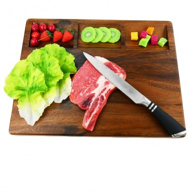 Thailand Rubber Wood Black Walnut Wood Cutting Chopping Board With 3 Built In Compartments Resin Rubber Feet