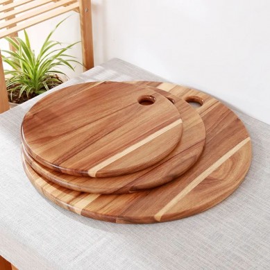 Custom Durable Acacia wood Round Chopping Cutting Board Wooden Pizza Serving Board with Handle