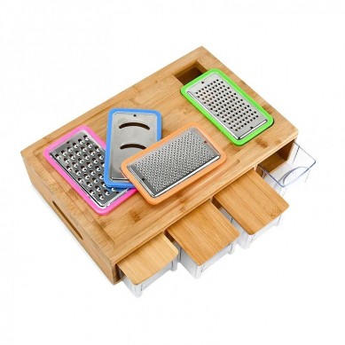 All In One Mandalin Bamboo Storage Chopping Cutting Tidy Board With 4 Containers Drip Tray And Vegetable Grater Drawer Slicer