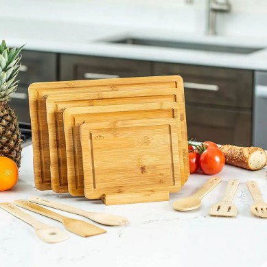 2023 Hot Sell Bamboo Wood Cutting Board Set With Holder Utensil For Kitchen