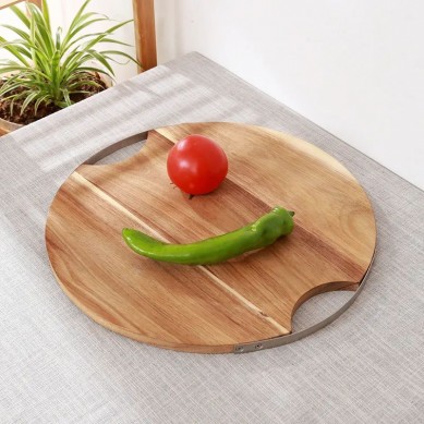 Custom Factory Price Durable Round Acacia Wood Chopping Cutting Board with Metal Handle for Gift