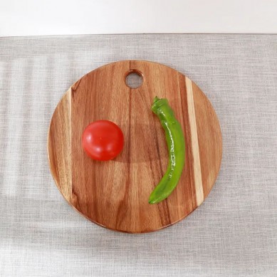 Custom Durable Acacia wood Round Chopping Cutting Board Wooden Pizza Serving Board with Handle