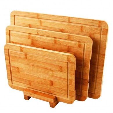 Wholesale Solid Wood Butcher Block 3 Pcs In 1 Set Bamboo Cutting Board With Stand Juice Groove Kitchen Schneidebrett Bambus