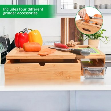 Wood Bulk Cutting Boards Meal Prep Station Food Chopping Board Set – 4 in 1 Bamboo Cutting Board with Containers and Graters
